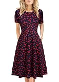 Women's Elegant Vintage 50s Office Casual Floral Print Work Party A-Line Swing Dress with Pockets 162 (XL, Navy Red)