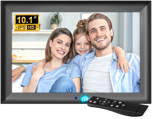 OBVHNUA Marco de Fotos Digital de 10.1 Pulgadas, Portaretratos Digitales Pantalla FHD IPS 1280 x 800, Soporte de Foto/Música/Video, Rotación Auto, Marco Digital con Control Remoto/Reloj/Calendario