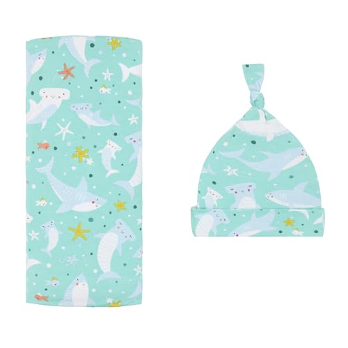 Image of Little Sleepies Swaddle & Hat Set, Baby Swaddles Newborns, Soft Viscose from Bamboo Swaddle Blanket Wrap (Shark Soiree)