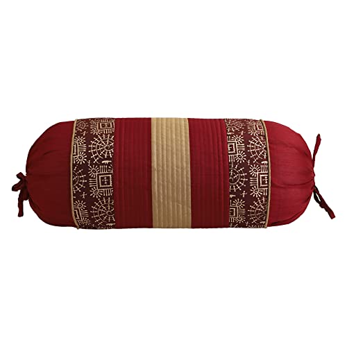 Image of Gifts Island Combo Silk Traditional Striped & Rajasthani Warli Golden Hand Printed Pillow Cushion Covers 16x16 inches Set of 5 & Round Pillow Bolster Covers Set of 2 16x32 inches (Dark Maroon)