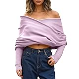 Coupe élégante Generisch Pull en tricot pour femme - Épaules dénudées - Élégant - Manches longues - Extensible - Coupe ajustée - Décontracté - Manches longues chauve-souris - Haut nu - Pull fin en laine, lilas