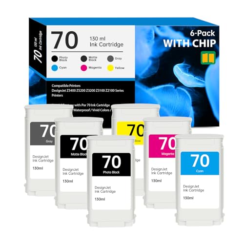 VivEto 70 Ink Cartridges 130-ml with New Chip Replacement for HP 70 Ink Cartridges C9448A C9449A C9450A C9452A C9453A C9454A for DesignJet Z5400 Z5200 Z3200 Z3100 Z2100 Large Format Printers, 6 Pack