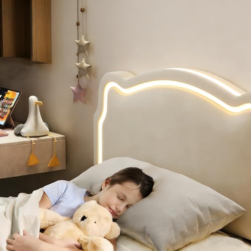 Image of GarveeHome Twin Upholstered Smart LED Bed Frame with Headboard, Velvet Princess Platform Bed Frame for Kids, Wooden Slats Support, No Box Spring Needed (Off-White)
