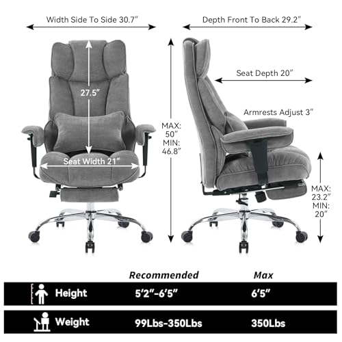 Image of Efomao Executive Office Chair 400lbs, Grey Fabric Big and Tall Desk Chair | Breathable fabric, pocket spring & foam seat, retractable footrest, 135 recline for computer gaming setup