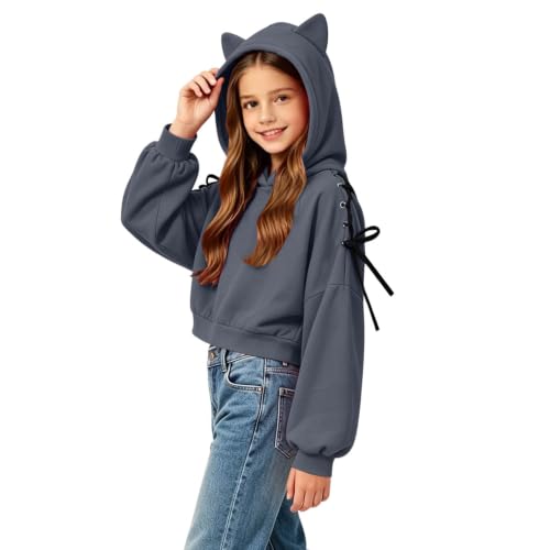 Girls Hoodies Size 10-12 Cute Cat Ear Hoodie Kids Sweatshirt with Lace Up | Girls Cat Ear Hoodie with Lace Up Sides, Puff Sleeves, Cropped, Soft, and Comfortable Wear for Kids and Teens Daily. - image 5