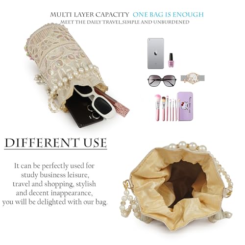 Image of Nevis Silk Fabric Embroidered Potli Bag with Pearl Beaded Handle | Designe Ethnic Drawstring Clutch for Wedding, Festive