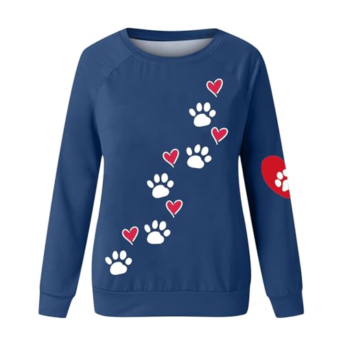Sweatshirt Damen Niedlich Hundepfoten Muster Oberteile Leichtes Herbst Winter Pullover Liebes Herz Muster Langarmshirt Locker Pulli Tops Basic Shirt Rundhals Langarm Bluse Bequem Tunika