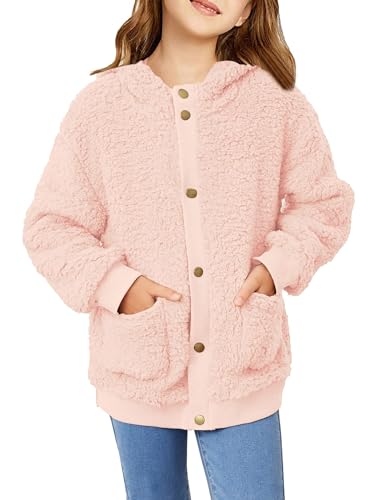 Arshiner Girls Fleece Sherpa Jacket Faux Shearling Fluffy Button Hooded Coat Fuzzy Outerwear Warm Winter Clothes With Pockets