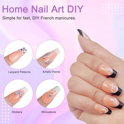 French Gel Nail Tips, 150pcs Black French Tip Press on Nails Soft Gel Fake Nails, 3 in 1 X-coat Pre-Applied Tip Primer & Base Coat, 15 Sizes for DIY Nail Extension, No Filing Required (NT087-No.12) — view 5