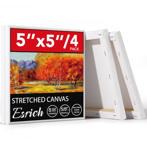ESRICH 4 Pack Mini Canvases for Painting 5x5In 5/8Profile Small Square Canvases Primed Cotton Small Stretched Canvas for Kids Painting Supplies Such as Painting Parties School&Home Decor Projects