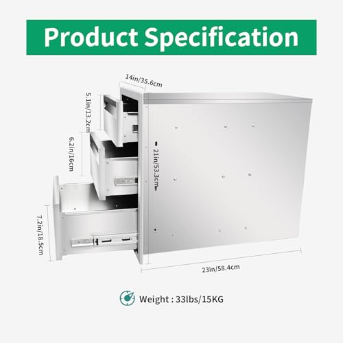 Image of Outdoor Kitchen Drawers 14 inch W x 21 inch H x 23 inch D Stainless Steel Triple Drawers with Hidden Handle for BBQ Island, Patio Grill Station & Outdoor Kitchen Cabinets