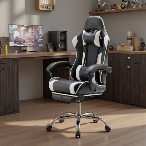 Image of DUMOS Ergonomic Gaming Office Desk Chair with Footrest and Headrest, PU Leather Video Computer Chair with Linkage Armrests, Height Adjustable 360 Swivel Recling, Black White