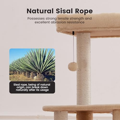 Image of Gardner Pet 65in Heavy Duty Cat Tree Tower for Large Cats, Multi-Level Cat Furniture with Replaceable Sisal Scratching Post, Hammock | Extra-Large Platform & Condo (Beige)