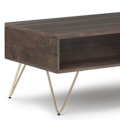 Image of SIMPLIHOME Hunter SOLID MANGO WOOD and Metal 48 inch Wide Rectangle Industrial Lift Top Coffee Table in Ebony for the Living Room and Family Room