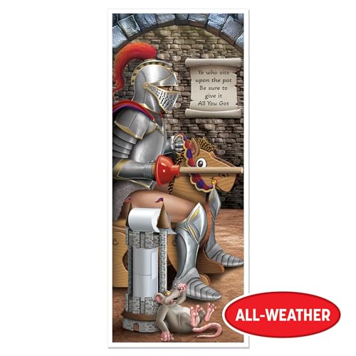 Image of Beistle Knight Restroom Door Cover - 2 Pack, Medieval Castle Bathroom Party Decorations, Funny All-Weather Plastic Backdrop for Renaissance Fairs, Festivals, Birthday Parties, Themed Events, 6' x 30 inch