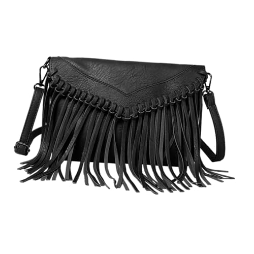 Pochette franges en PU noir Veemoon sac bandoulière