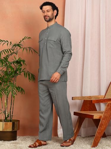 Image of See Designs Men's Full Sleeve Mandarin Collar Linen Solid Pathani Set