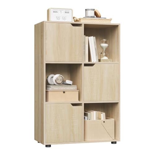WOLTU Bücherregal, Bücherschrank mit 3 Türen und 6 Fächer, Helle Eiche