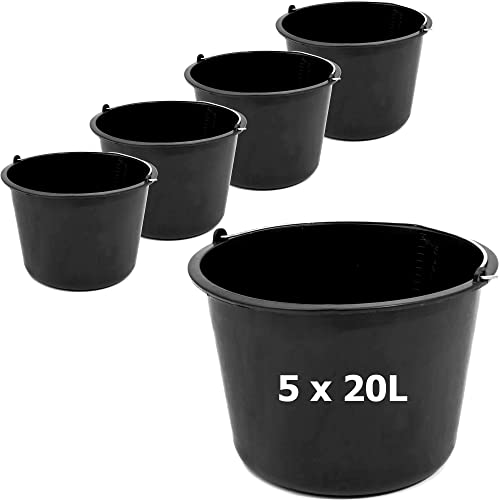 Seau à mortier - Lot de 5 seaux à mortier - 20 l - Pour chantier de construction - 36,5 cm - Noir