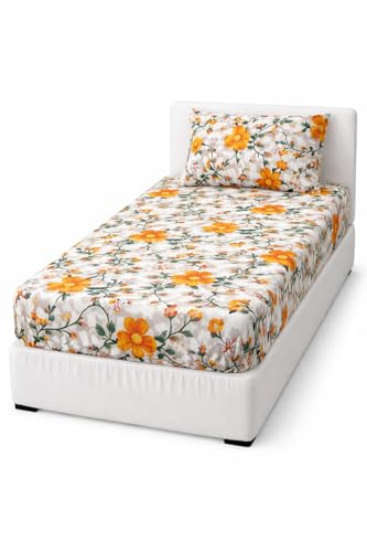 Image of Elasticated Single Bedsheet - Breathable Glace Cotton Material, Fits 6 to 8 Inch Mattress Height, Durable & Wrinkle-Free (Single, 48x72 Inches) Floral Orange