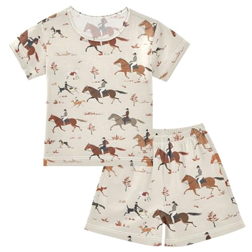 ALAZA Horse Riding Racing Dog Pajamas Short Sleeve 2 Piece Sleepwear Top and Bottom Pajama Set Unisex