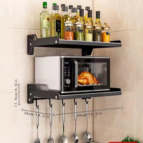 LAGLLGMT Wall Mount Microwave Oven Shelf, Kitchen Organizer Storage Holder, Commercial Storage Rack, Carbon Steel Oven Bracket Wall Mounted, for Kitchen Bathroom Bedroom Pantry (Black Double Layers)