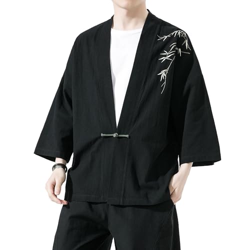 Image of Mens Kimono Cardigan Cotton Linen Japanese Shirt 3 /4 Sleeve Haori Yukata | Skin-Friendly Solid Color Lightweight Shawl Collar Kimono Robe Embroidery Button Tie Pockets Happi Coat All Season Daily Wear