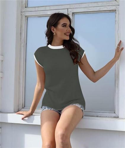 Image of Disamer Cap Sleeve Knit Sweater Tops Sleeveless Vest 2026 Spring Clothes Oversized Summer Tank Trendy Short Sleeve T Shirts,Green,X-Large