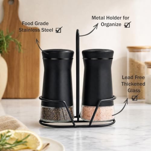 Image of Aelga Farmhouse Salt & Pepper Shakers with Holder & Adjustable Pour Holes, Refillable Salt Shaker for Himalayan, Kosher - Black