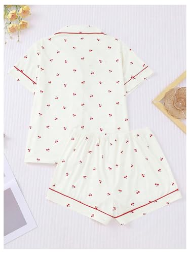 Image of BEAUDRM Women's Two Piece Pajama Sets Allover Print Short Sleeve Sleepwear Button Down Shirt and Bow Shorts Pj Set Loungewear