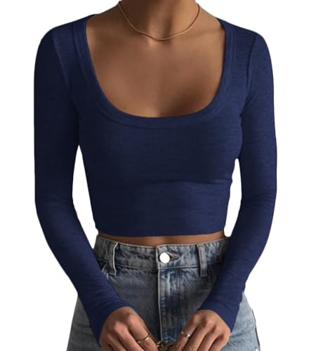 Minetom Crop Tops Mujer Punto Crop Camiseta Abdomen Tops Cuello Cuadrado Camiseta de Manga Larga Cropped Top Basic Jersey Manga Larga Camisetas Adolescentes Niñas Sexy Elegante Ropa de Calle, A azul