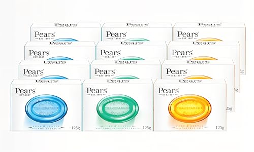 Pears Soap Bars Variety Multipack Natural Oils (4) + Mint Extracts (4) + Lemon Flower Extracts (4) 125g Each Pack of 12