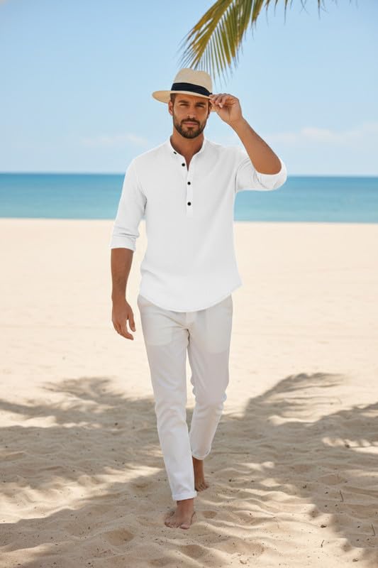 Image of Men's Cotton Blend Short Kurta with Collared Neck Full Sleeves Solid Pattern Western Style Regular Fit and Standard Length