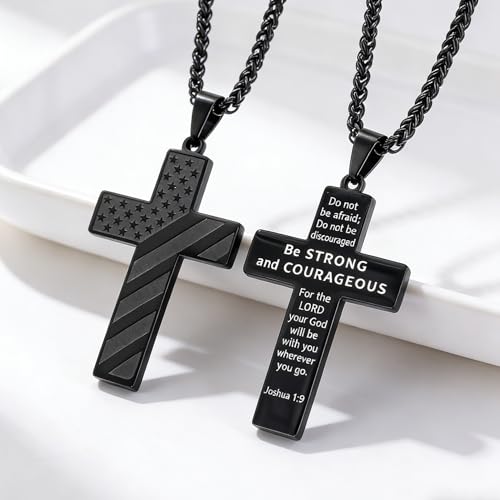 RINHOO 2cps American Flag Cross Necklace for Men Inspirational Bible Verse Cross Pendant Stainless Steel Religious Christian Necklace (Silver+Black-Do not) - image 3