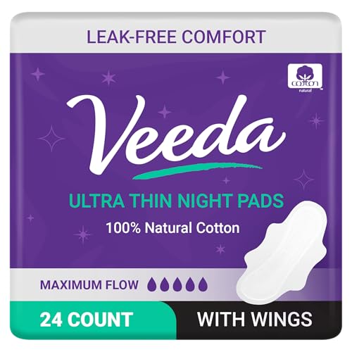 Veeda 超薄型 オーバーナイトパッド 女性用 - 翼付き超吸収性ナイトパッド - 女性らしい天然コットンパッド 一晩吸収性 - 無香料 & 塩素フリー 生理用ナプキン 24枚