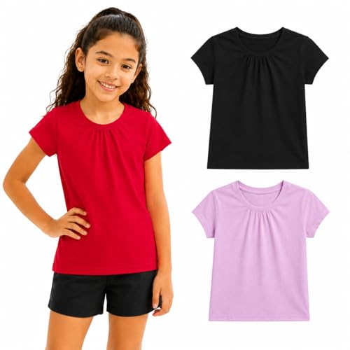 Image of Bienzoe Plain Solid Girls T-Shirts: Short Sleeve 3 Pack Soft Tees - School Daily Wear PE Play Easy Care Ages 4-13, Black, Red, Pink, Size 10/12