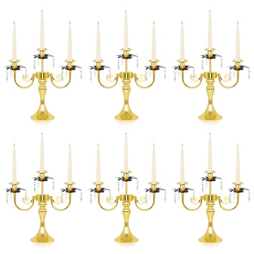Image of 6 Pcs 3 Arm Black and Gold Candelabra Party Decorations - 11.8 Inch Tall Candle Holders, Elegant Taper Candlestick Stand for Wedding, Dining Table, Christmas Party Home Decoration