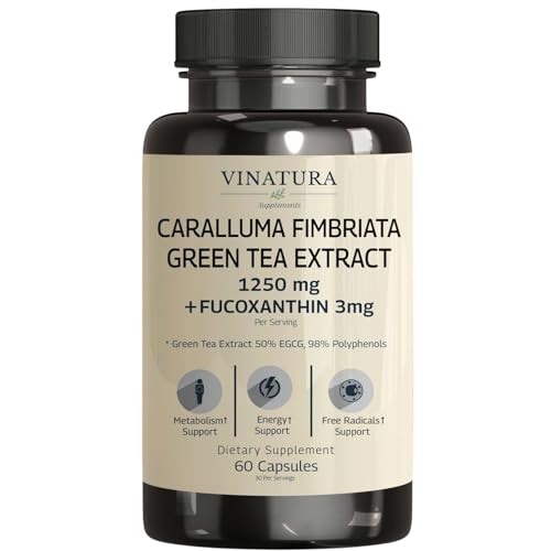 VINATURA Caralluma Fimbriata EGCG 45% Extract 1250mg + Fucoxanthin 3mg per Serving for Immune Support Energy and Mental Focus - 60 Capsules 30 Servings