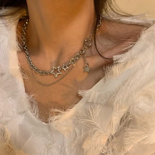 Double Layered Stacked Chunky Chain Choker Necklace For Women Y2k Star Statement Necklaces Silver Punk Asymmetric Diamond Necklace Jewelry2