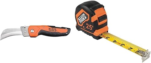 Klein Tools 44218 Cuchillo utilitario con bloqueo y hoja plegable de Hawkbill para desollar cables, hoja reemplazable y cinta métrica 9225, cinta