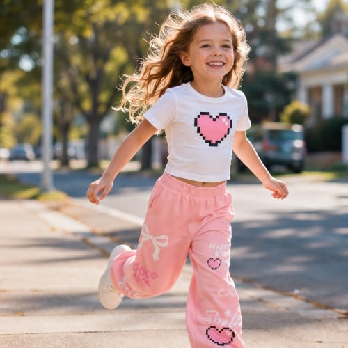 Image of Girls Clothes 2 Piece Cute Pixel Heart-Print Top Graffiti-Print Pants Sets | Trendy Y2K Inspired Outfit with Fitted Top and Wide Leg Bottoms, Casual Streetwear for Teens Girls 7-14Y