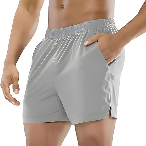 Image of Men's Quick-Dry Athletic Shorts, Stretchable Fit, Light Grey, with Side Pockets