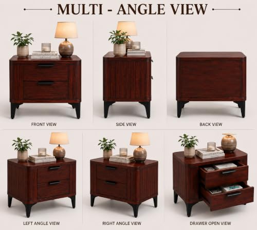 Image of Solid Sheesham Wood Bedside Table for Bedroom & Livingroom | Nightstand End Table with 2 Drawers Storage for Home | Modern & Luxury Design| (Mahoganyn Finish 1)