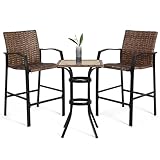 Villeston 3 Piece Outdoor Wicker Bar Stools Set, 2 Height Chairs and 1 Pub Table for Patio Bistro Poolside Dining, Woven Rattan High Top Furniture, Brown