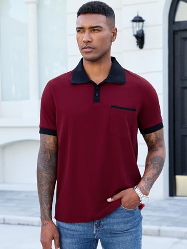 Image of Men's Casual Polo Shirts Summer Short Sleeve Contrast Collar Buttoned Tee Polo Shirt with Pocket