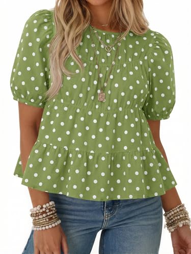Image of Tankaneo Womens Puff Sleeve Peplum Babydoll Tops Summer Flowy Pleated Cotton T-Shirts Casual Loose Fit Cute Blouse