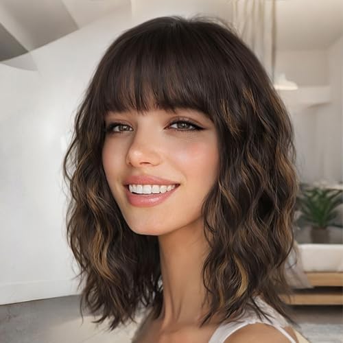 Image of Nnzes Wig with Bangs for Women Shoulder Length Bob Wavy Women's Charming Synthetic Brown mixed Blonde Highlight Wigs with Natural Curly Heat Resistant Hair for Daily Party Use