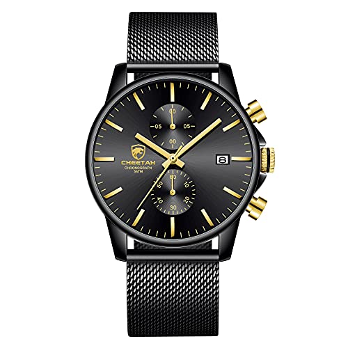 GOLDEN HOUR Reloj de Cuarzo analógico de Malla de Acero Inoxidable a Prueba de Agua con cronógrafo Minimalista de Moda para Hombre con Fecha automática (New Gold Black)