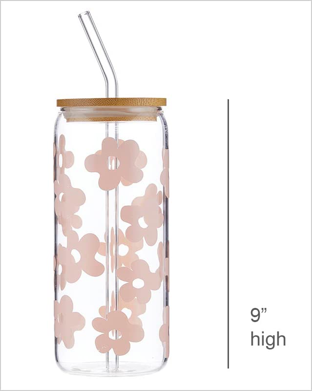 Cold Brew Glass Tumbler with Lid and Straw for Pretty Floral Sipping, 20-Oz