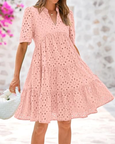 Image of BTFBM Womens Boho Summer Dresses 2026 Spring V Neck Short Sleeve Hollow Out Lace Ruffle Casual Beach Mini Vacation Dress